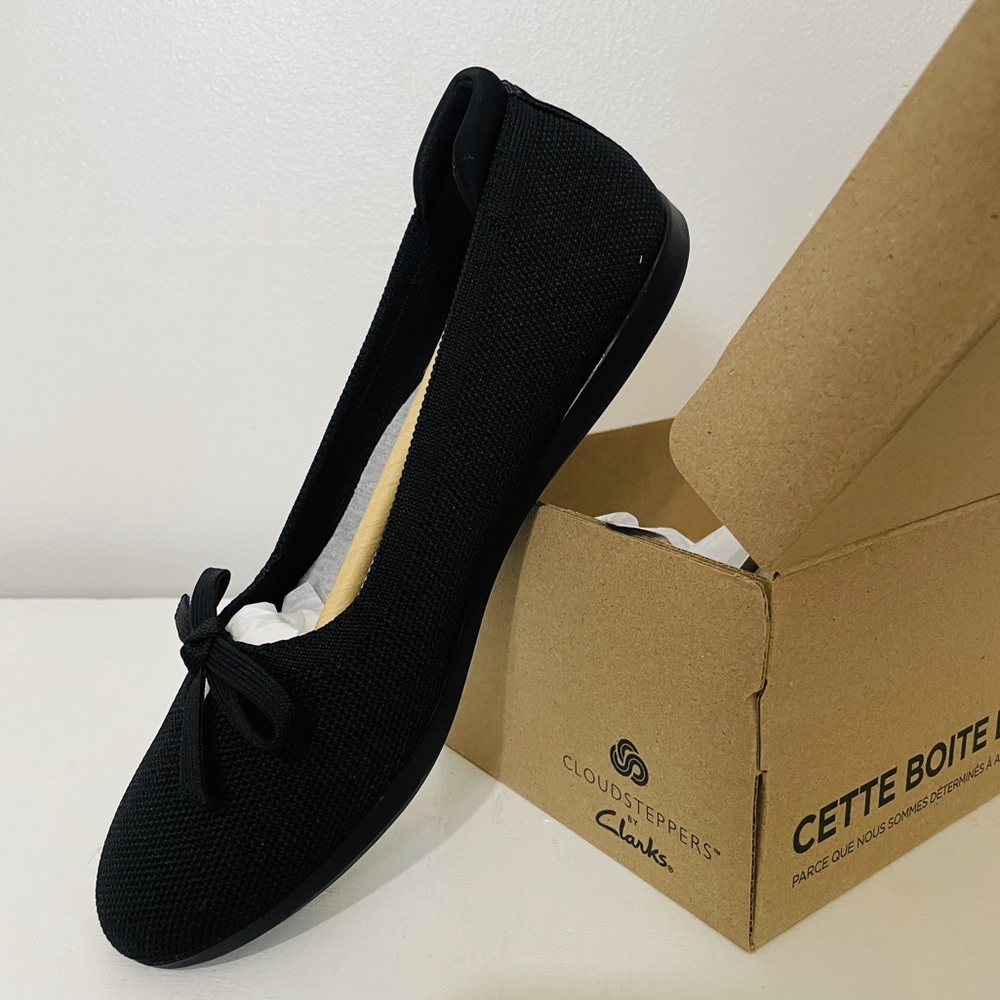 Clarks Carly Hope Black Knit Comfort Slip On Flats Bow Cloudsteppers size 8